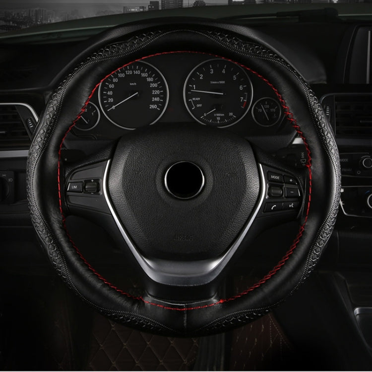 38cm Four-Season Embossed Hand-Sewn Cowhide Steering Wheel Cover(Black+Red Line) - Steering Wheel Accessories by PMC TechLife | Online Shopping South Africa | PMC TechLife | Buy Now Pay Later Mobicred