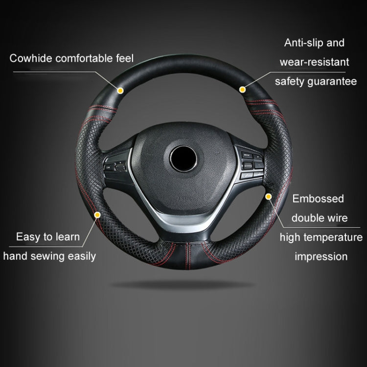 38cm Cowhide Embossed Hand-Stitched Double-Line Steering Wheel Cover(Black Blue Line) - Steering Wheel Accessories by PMC TechLife | Online Shopping South Africa | PMC TechLife | Buy Now Pay Later Mobicred