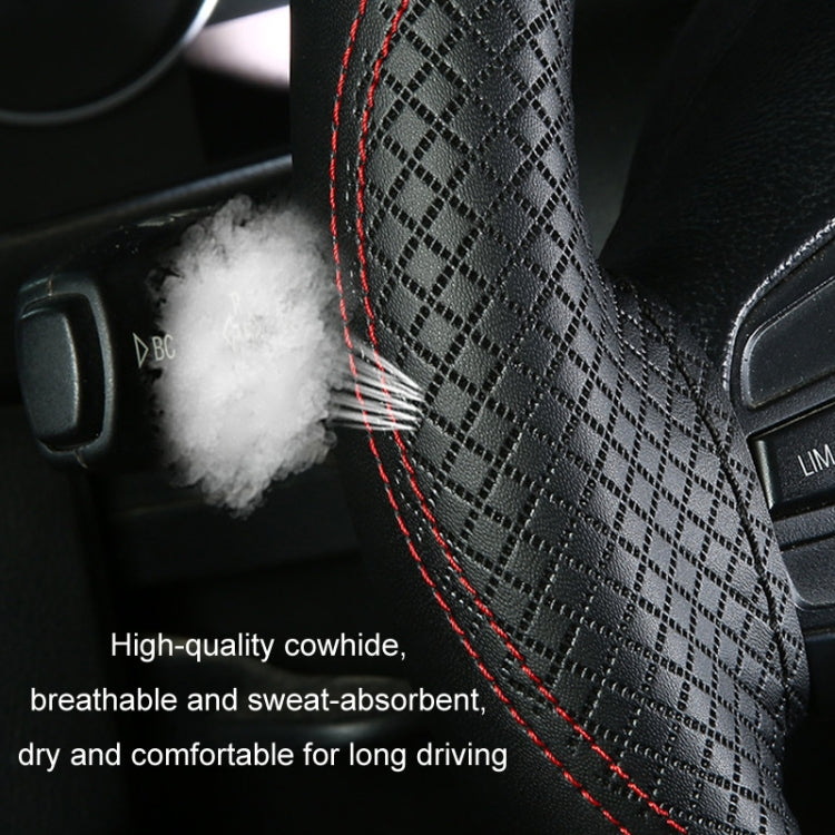 38cm Cowhide Embossed Hand-Stitched Double-Line Steering Wheel Cover(Black Black Line) - Steering Wheel Accessories by PMC TechLife | Online Shopping South Africa | PMC TechLife | Buy Now Pay Later Mobicred