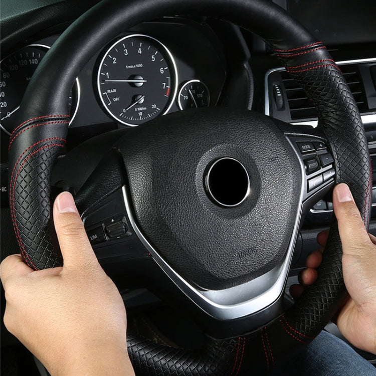 38cm Cowhide Embossed Hand-Stitched Double-Line Steering Wheel Cover(Black Blue Line) - Steering Wheel Accessories by PMC TechLife | Online Shopping South Africa | PMC TechLife | Buy Now Pay Later Mobicred
