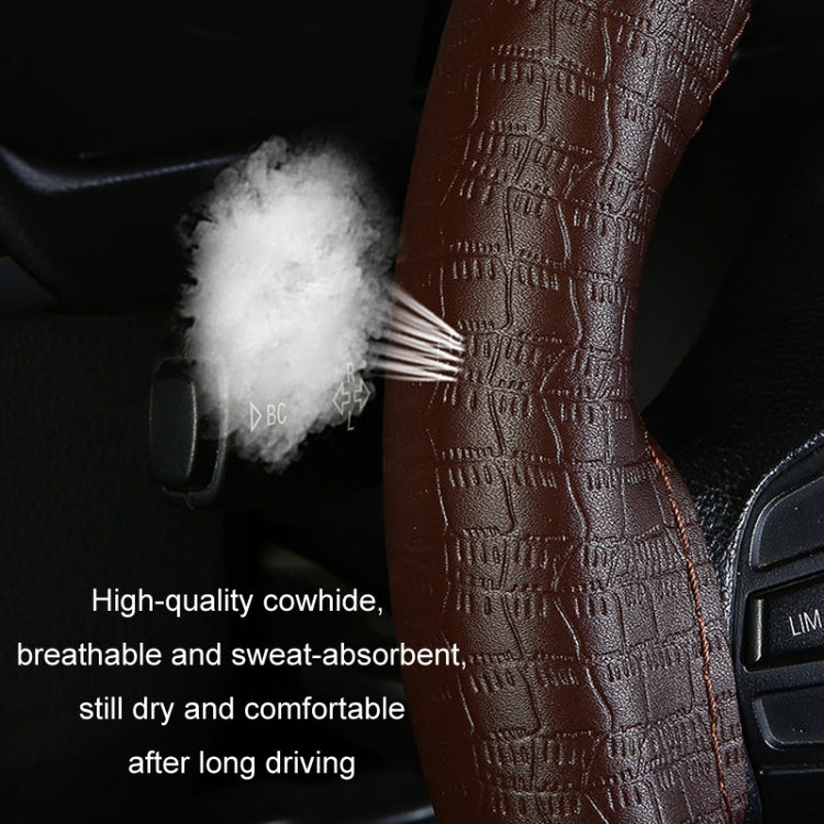 38cm Four-season Embossed Cowhide Hand-sewn Steering Wheel Cover(Black+Red Line) - Steering Wheel Accessories by PMC TechLife | Online Shopping South Africa | PMC TechLife | Buy Now Pay Later Mobicred