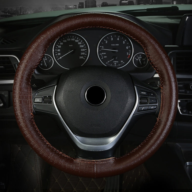 38cm Four-season Embossed Cowhide Hand-sewn Steering Wheel Cover(Black+Red Line) - Steering Wheel Accessories by PMC TechLife | Online Shopping South Africa | PMC TechLife | Buy Now Pay Later Mobicred