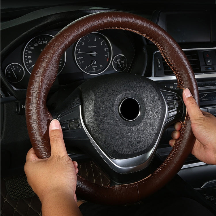 38cm Four-season Embossed Cowhide Hand-sewn Steering Wheel Cover(Black+Red Line) - Steering Wheel Accessories by PMC TechLife | Online Shopping South Africa | PMC TechLife | Buy Now Pay Later Mobicred