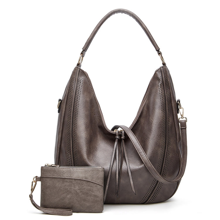 Women Large Capacity Tote Bag PU Leather Shoulder Bag 2 In 1 Light Gray - Handbags by PMC TechLife | Online Shopping South Africa | PMC TechLife | Buy Now Pay Later Mobicred