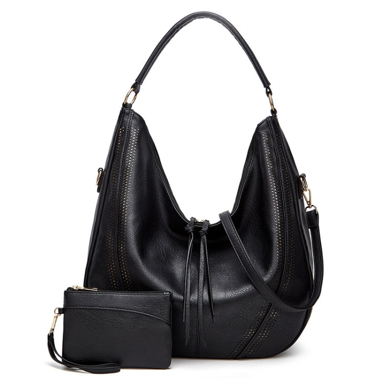 Women Large Capacity Tote Bag PU Leather Shoulder Bag 2 In 1 Black - Handbags by PMC TechLife | Online Shopping South Africa | PMC TechLife | Buy Now Pay Later Mobicred