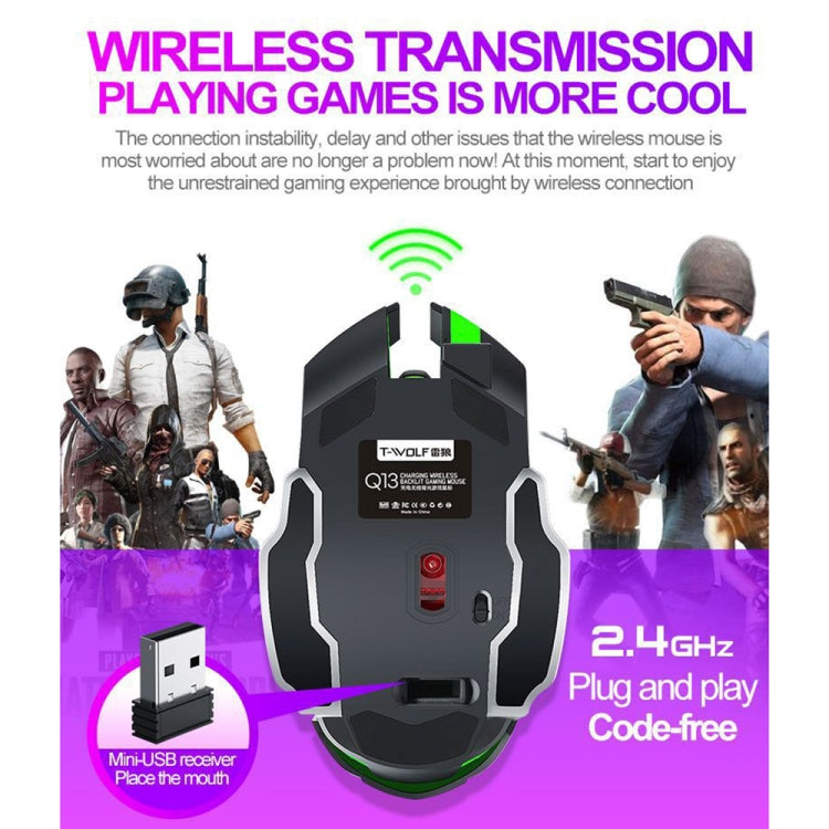 T-WOLF Q13 2.4GHz 6-keys RGB Colorful Light Gaming Wireless Mouse, Color: Dual Mode Gray - Wireless Mice by T-WOLF | Online Shopping South Africa | PMC TechLife | Buy Now Pay Later Mobicred