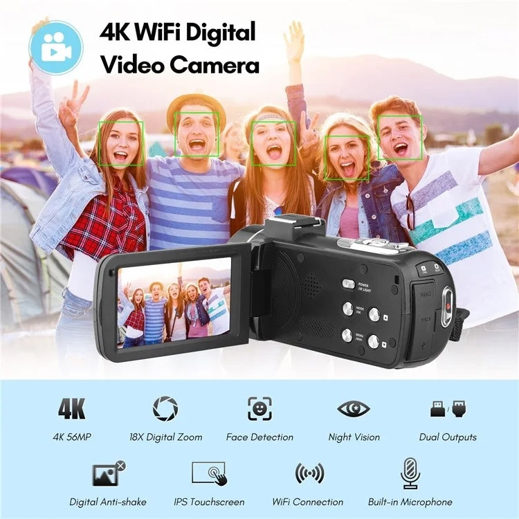 4K  Digital Video Camera 3 Inch IPS Touch Screen 56MP 18X Digital Zoom WiFi Camcorder, Spec: Standard - Video Cameras by PMC TechLife | Online Shopping South Africa | PMC TechLife | Buy Now Pay Later Mobicred