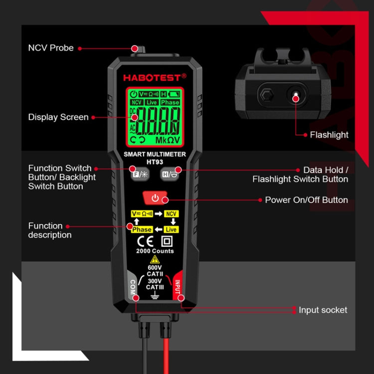 HABOTEST HT93 Phase Sequence Detection Intelligent Anti-Burn-In Fully Automatic Multimeter(Black) - Digital Multimeter by HABOTEST | Online Shopping South Africa | PMC TechLife | Buy Now Pay Later Mobicred