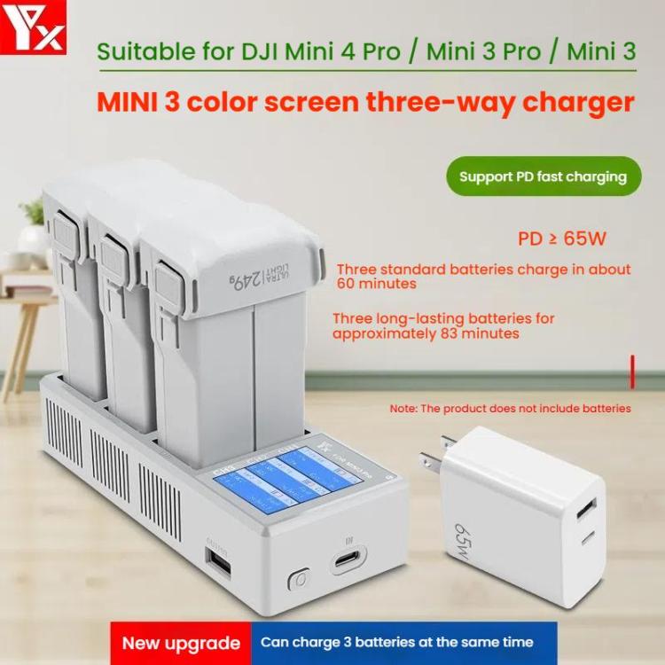 For DJI Mini 4 Pro / Mini 3 Pro / Mini 3 YX Color Screen 3-Way Charger Battery Manager With 65W EU Plug - free shipping - PMC TechLife - Order now!