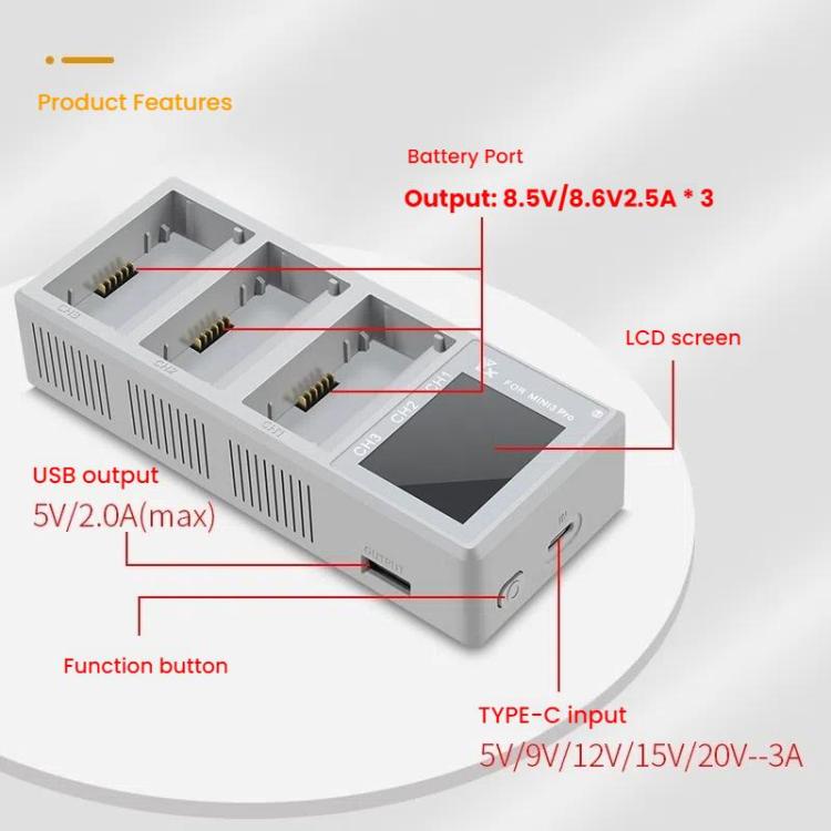 For DJI Mini 4 Pro / Mini 3 Pro / Mini 3 YX Color Screen 3-Way Charger Battery Manager With 65W EU Plug - free shipping - PMC TechLife - Order now!