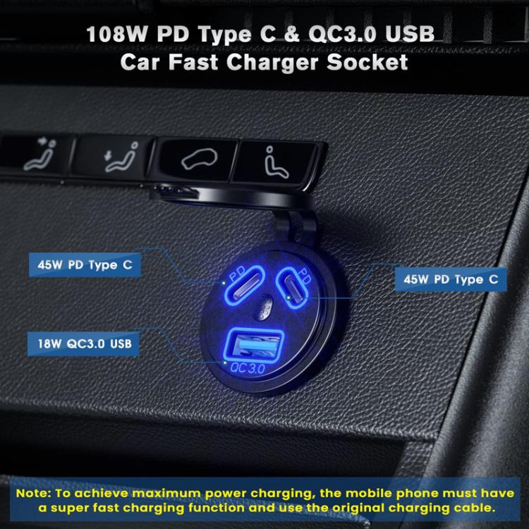 Kewig P22A 12-24V Vehicle Motorcycle Boat Modified Dual PD+QC3.0 3-Port Car Charger With Switch, Style: With Terminal(Blue Light) - Car Charger by Kewig | Online Shopping South Africa | PMC TechLife | Buy Now Pay Later Mobicred