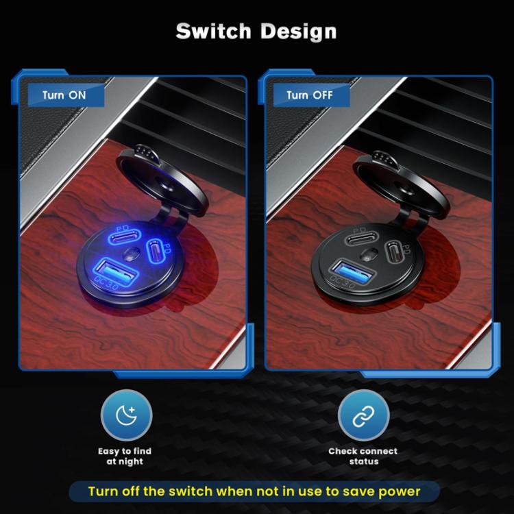 Kewig P22A 12-24V Vehicle Motorcycle Boat Modified Dual PD+QC3.0 3-Port Car Charger With Switch, Style: With Terminal(Blue Light) - Car Charger by Kewig | Online Shopping South Africa | PMC TechLife | Buy Now Pay Later Mobicred