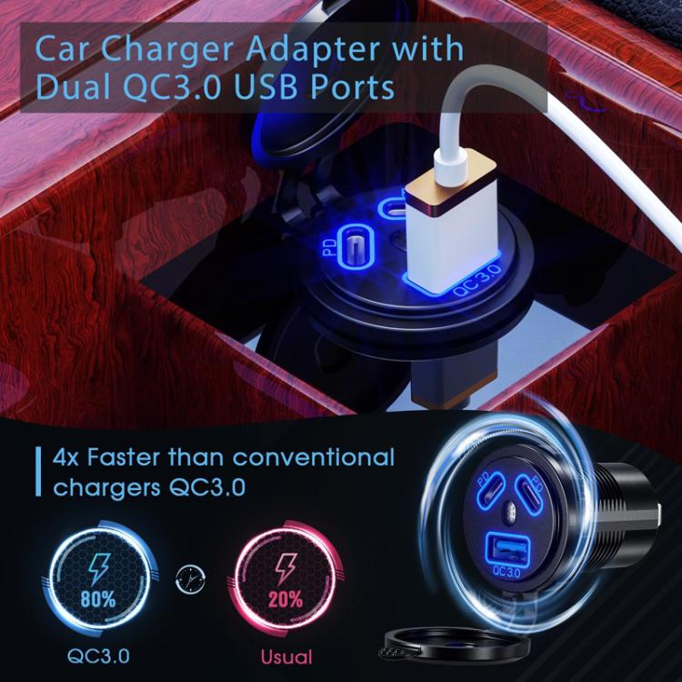 Kewig P22A 12-24V Vehicle Motorcycle Boat Modified Dual PD+QC3.0 3-Port Car Charger With Switch, Style: With Terminal(Blue Light) - Car Charger by Kewig | Online Shopping South Africa | PMC TechLife | Buy Now Pay Later Mobicred