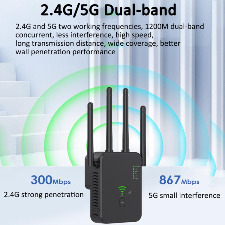Urant U10 1200Mbps 2.4G & 5.8G Wireless Repeater WiFi Signal Amplifier With 4 Antenna UK Plug Black - Broadband Amplifiers by Urant | Online Shopping South Africa | PMC TechLife | Buy Now Pay Later Mobicred