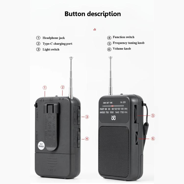 W-209 Mini Portable Rechargeable / Battery Dual-mode Powered Pointer FM Radio with Flashlight(Red) - Radio Player by PMC TechLife | Online Shopping South Africa | PMC TechLife | Buy Now Pay Later Mobicred