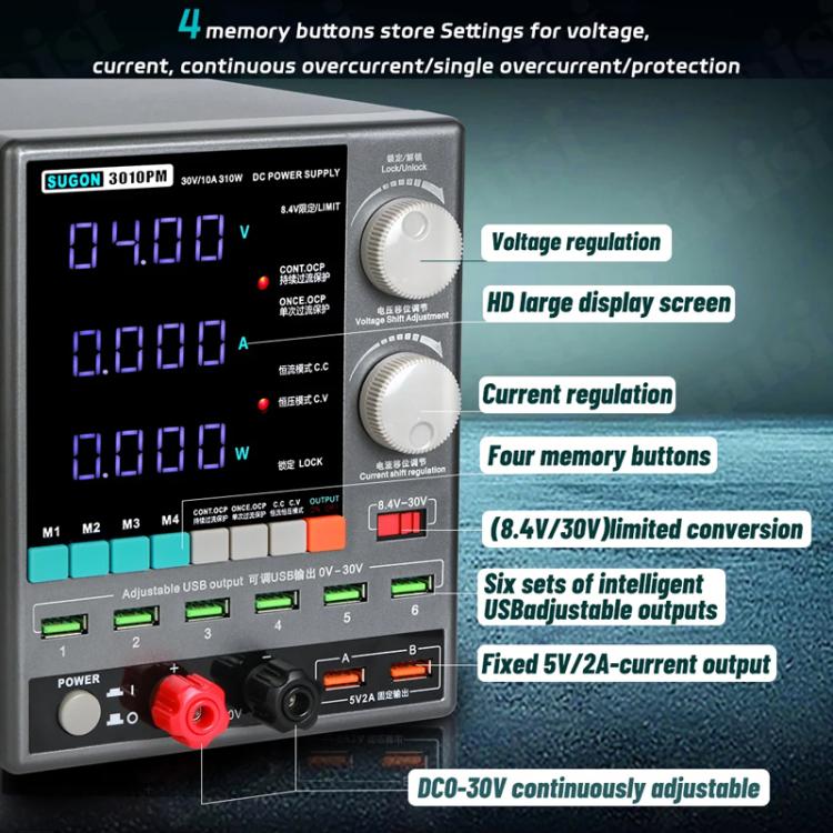 SUGON 3010PM 150W 30V 10A 4 Digital Display Cell Phone Repair Power Meter EU Plug - free shipping - PMC TechLife - Order now!
