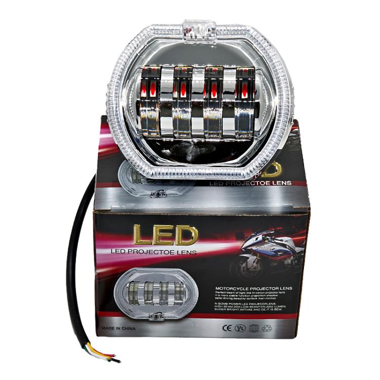 Motorcycle Electric Vehicle General Modification LED Headlight 4 Beads Double Lens Lamps, Style: Yellow Aperture+Red Devil Eye - Headlights by PMC TechLife | Online Shopping South Africa | PMC TechLife | Buy Now Pay Later Mobicred