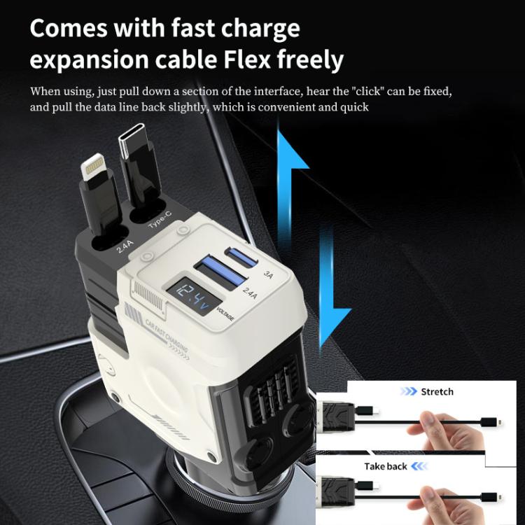 A1 Car 4 In 1 Digital Fast Charger With Retractable Cable(Black) - free shipping - PMc TechLife - Order now!