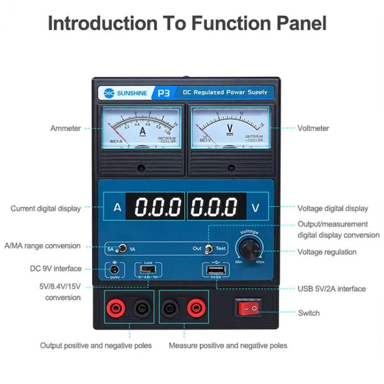 SUNSHINE P3 DC Regulated Power Supply 5V/8.4V/15V Switching Mobile Phone Repair Regulated Power Supply Meter(EU Plug 220V) - free shipping - PMC TechLife - Order now!
