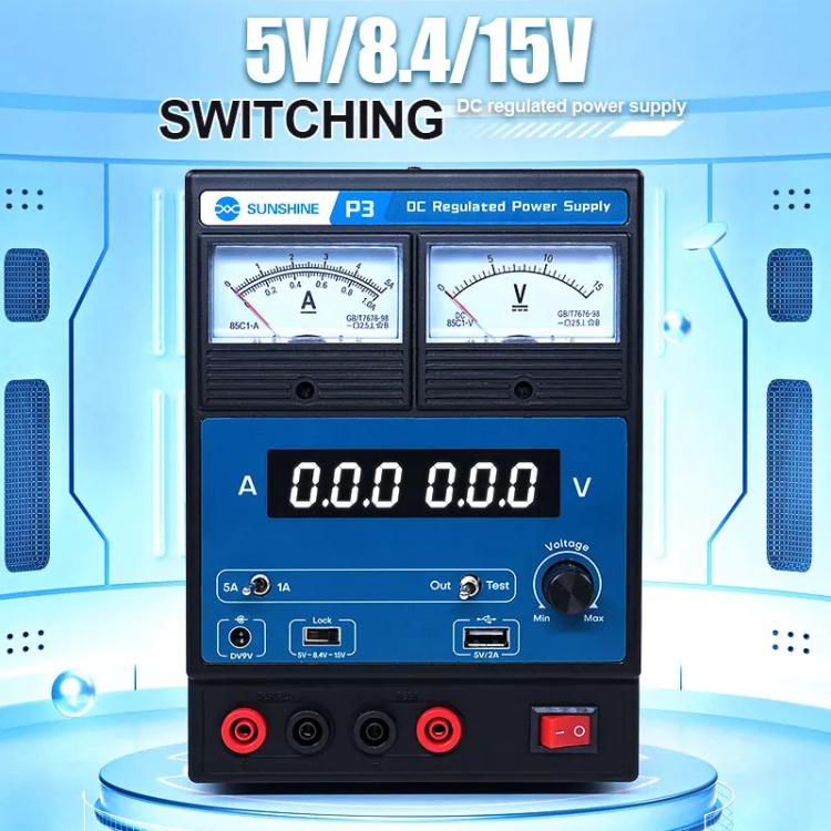 SUNSHINE P3 DC Regulated Power Supply 5V/8.4V/15V Switching Mobile Phone Repair Regulated Power Supply Meter(US Plug 110V) - free shipping - PMC TechLife - Order now!