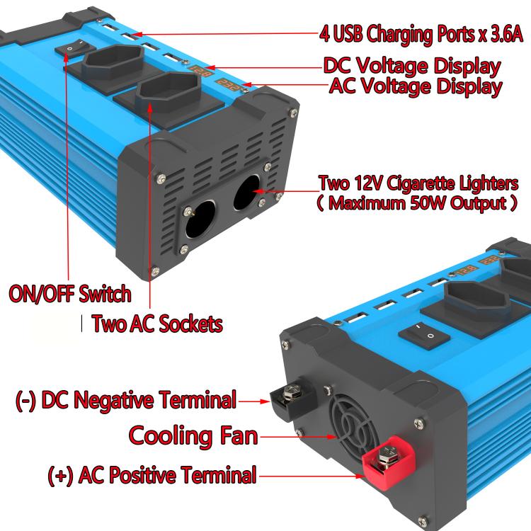Gurxun 4 USB Ports Digital Display Modified Square Wave Inverter, Spec: 300W Brazil Plug 12V To 220V - free shipping - PMC TechLife - Order now!