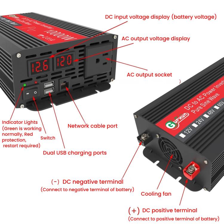 Gurxun 1500W Dual USB Fast Charger Dual Digital Display Pure Sine Wave Inverter, Spec: Brazil Plug 12V To 220V - free shipping - PMC TechLife - Order now!