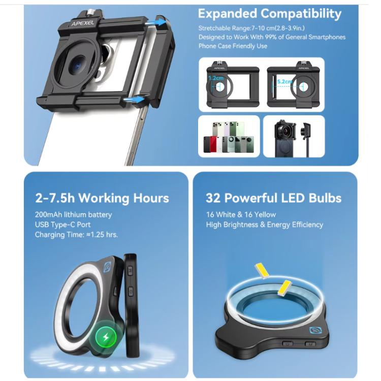 APEXEL 10-20x Zoom Macro Lens With 45-Mode Fill Light Kit for Smartphones - free shipping - PMC TechLife - Order now!
