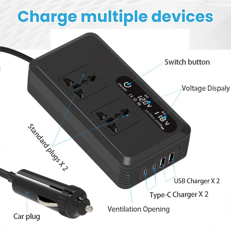 Gurxun Dual Digital Display Car Inverter With 2 USB+2 Type-C Ports Brazil Plug 220V - free shipping - PMc TechLife - Order now!