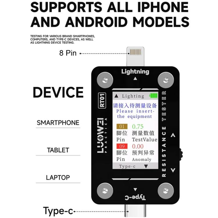 LUOWEI RT01 Type-C To 8 Pin Detachable Cell Phone Rear Plug Auto Tester - free shipping - PMC TechLife - Order now!