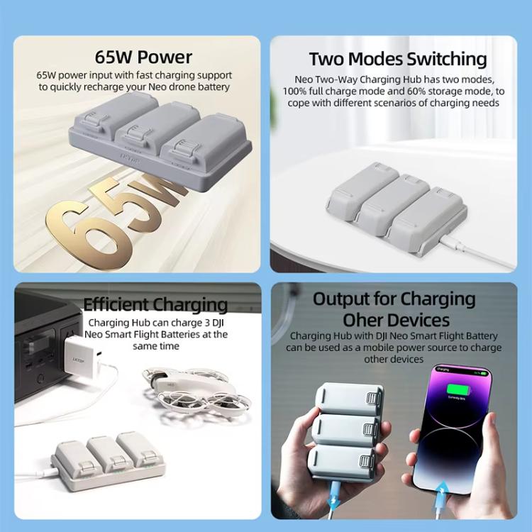 For DJI Neo Battery LKTOP Three-Way Charger 65W Fast Charging Hub(Gray) - free shipping - PMC TechLife - Order now!
