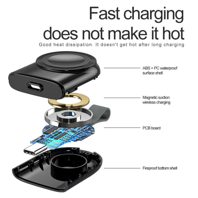 For Apple Watch 1/2/3/4/5/6/7/8/9/10/SE Portable Magnetic Wireless Charger Type-C Smart Wireless Charger(Black) - Charger / Holder by PMC TechLife | Online Shopping South Africa | PMC TechLife | Buy Now Pay Later Mobicred