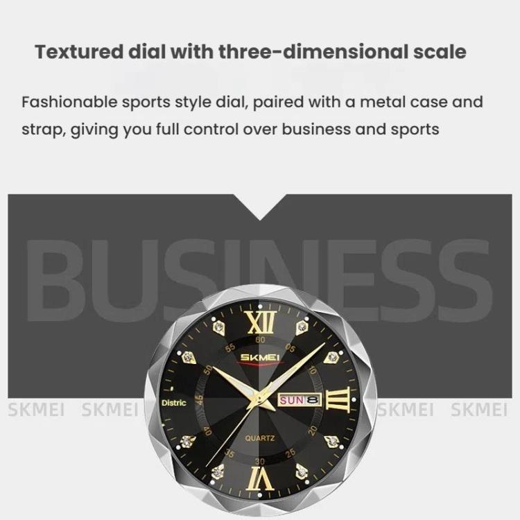 SKMEI Business Casual Watches Diamond Case Luminous Waterproof Quartz Watch, Style: Men Silver Gold Strap Black Dial - free shipping - PMC TechLife - Order now!