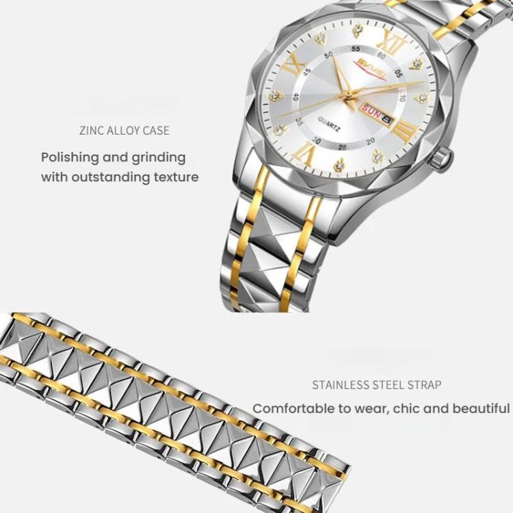 SKMEI Business Casual Watches Diamond Case Luminous Waterproof Quartz Watch, Style: Men Silver Gold Strap Black Dial - free shipping - PMC TechLife - Order now!