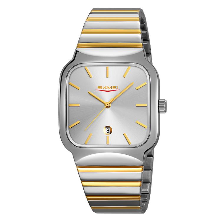 SKMEI 9361 Steel Strap Textured Dial Watch Business Casual Square Quartz Watch, Style: Silver Gold Case Silver Dial - free shipping - PMC TechLife - Order now!