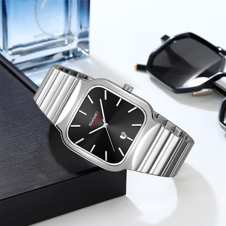 SKMEI 9361 Steel Strap Textured Dial Watch Business Casual Square Quartz Watch, Style: Silver Case Black Dial - free shipping - PMC TechLife - Order now!