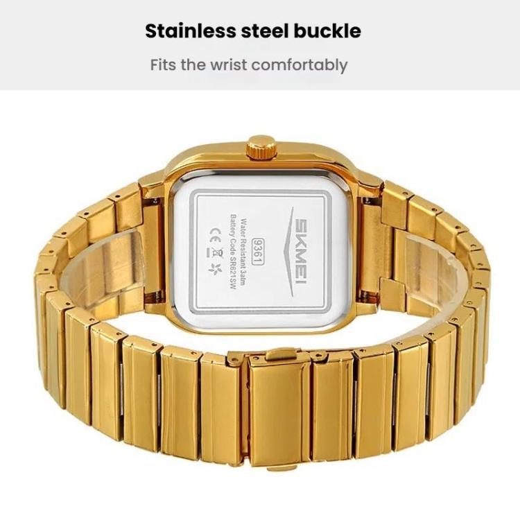 SKMEI 9361 Steel Strap Textured Dial Watch Business Casual Square Quartz Watch, Style: Black Case Black Dial - free shipping - PMC TechLife - Order now!