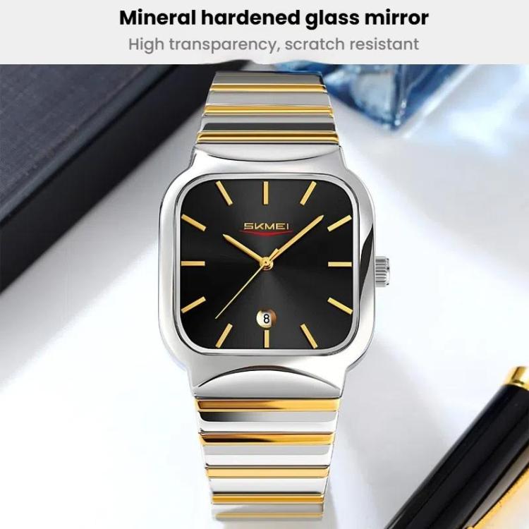 SKMEI 9361 Steel Strap Textured Dial Watch Business Casual Square Quartz Watch, Style: Black Gold Case Black Dial - free shipping - PMC TechLife - Order now!