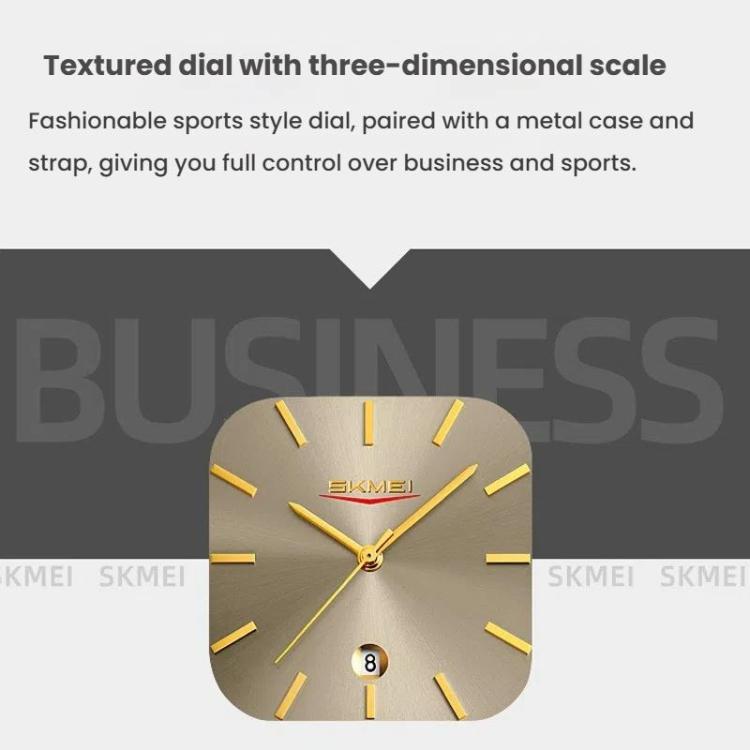 SKMEI 9361 Steel Strap Textured Dial Watch Business Casual Square Quartz Watch, Style: Gold Case Gray Dial - free shipping - PMC TechLife - Order now!