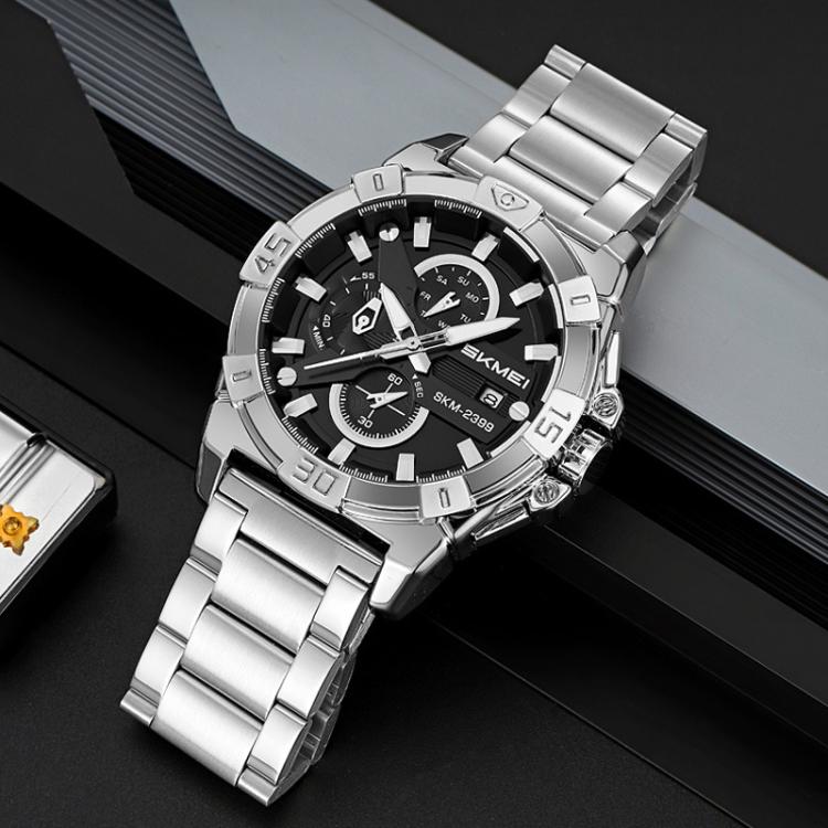 SKMEI 2399 Three-eye Six-pin Steel Band Quartz Watch Men Business Casual Watch(Black) - free shipping - PMC TechLife - Order now!