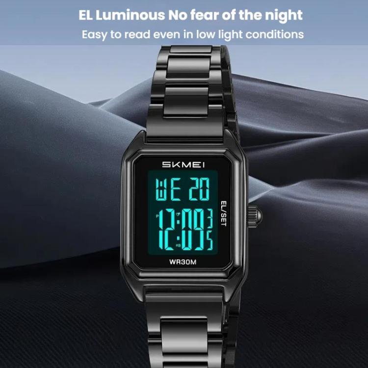 SKMEI 2493 Small Women Electronic Watch Square Steel Strap Watch, Style: Silver Case Black - free shipping - PMC TechLife - Order now!