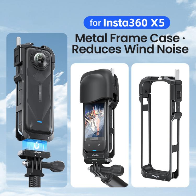 aMagisn Metal Cage for Insta360 X5 Wind Noise Reduction, Shockproof Mount with Dual Cold Shoe(Black) - free shipping - PMC TechLife - Order now!