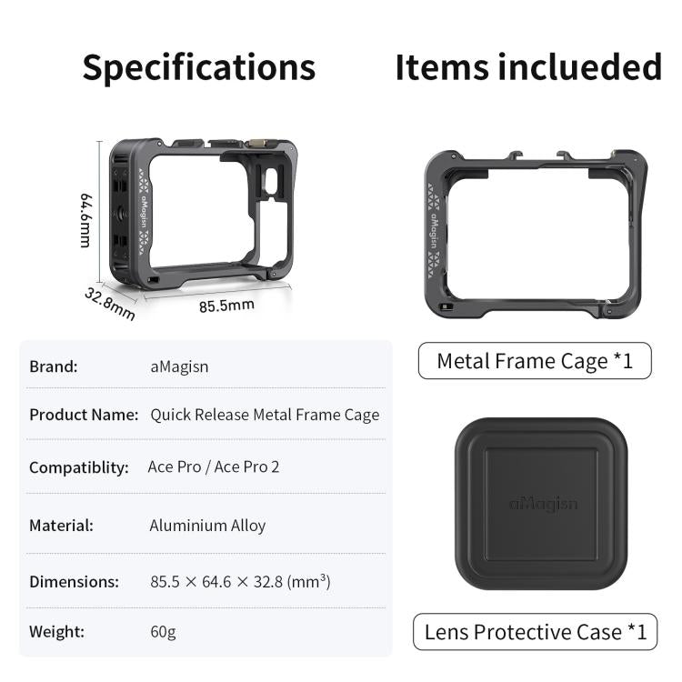 For Insta360 Ace Pro 2 / Ace Pro Camera AMagisn Quick Release Metal Cage Horizontal & Vertical Shooting Protective Frame(Charcoal Metallic) - free shipping - PMC TechLife - Order now!
