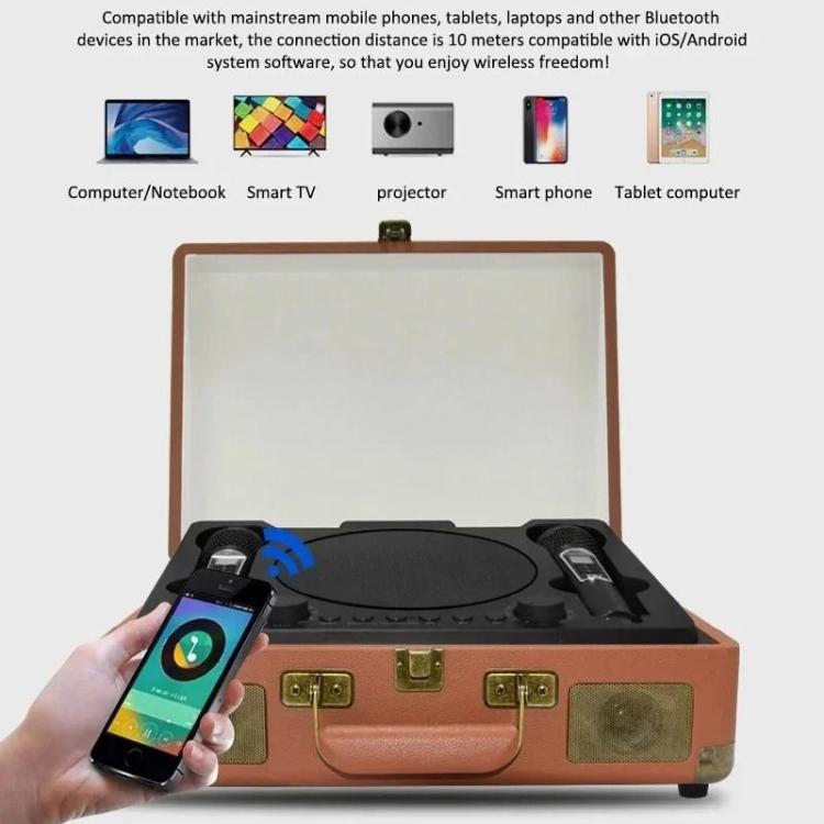SDRD Wooden Box Karaoke Machine With Wireless Dual Mics All-In-One Speaker System Supports U Disk/TF Card(Brown) - free shipping - PMC TechLife - Order now!