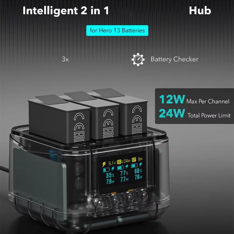 For GoPro HERO13 Black Triple Battery Charger Smart Charging Dock With OLED Display(Transparent Black) - free shipping - PMC TechLife - Order now!