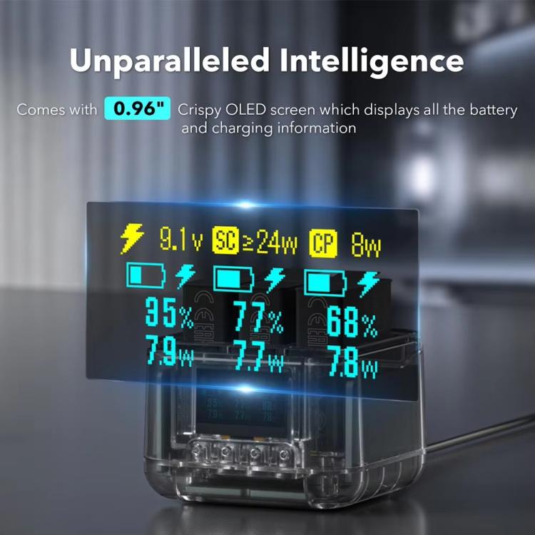 For GoPro HERO13 Black Triple Battery Charger Smart Charging Dock With OLED Display(Transparent Black) - free shipping - PMC TechLife - Order now!