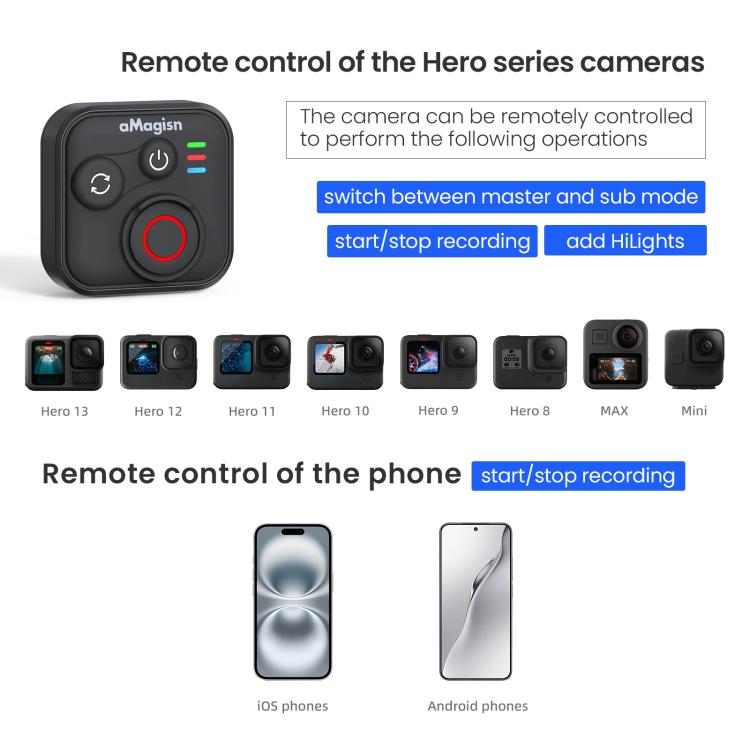 aMagisn Wireless Bluetooth Remote Control for Insta360, GoPro Hero Cameras & Smartphones - 50m Long Range - free shipping - PMC TechLife - Order now!