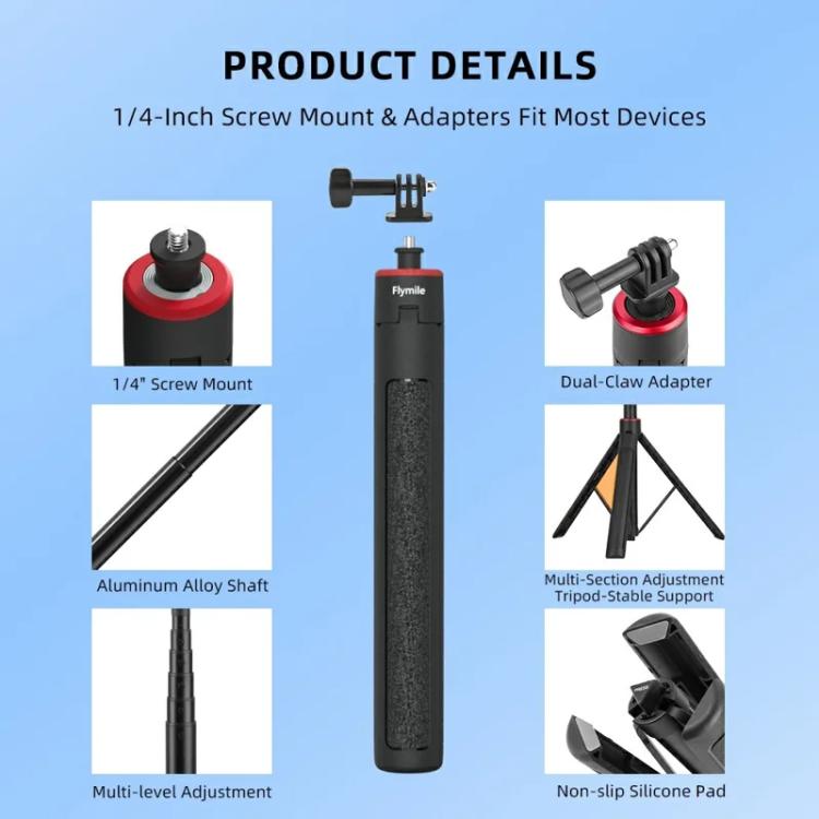 Flymile 1.4m Extendable Selfie Stick Tripod For Action Cameras One-Button Quick Setup Monopod With Wide-Angle View - free shipping - PMC TechLife - Order now!