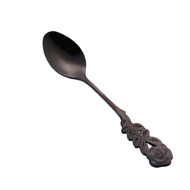 Small Mini Stainless Steel Rose Flower Coffee Spoon Strring Spoon Teaspoon Tea Spoon Dessert Spoon Long Handle Tableware(Black Gold) - free shipping - PMC TechLife - Order now!