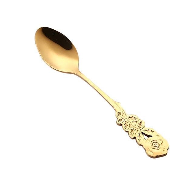 Small Mini Stainless Steel Rose Flower Coffee Spoon Strring Spoon Teaspoon Tea Spoon Dessert Spoon Long Handle Tableware(Titanium Gold) - free shipping - PMC TechLife - Order now!