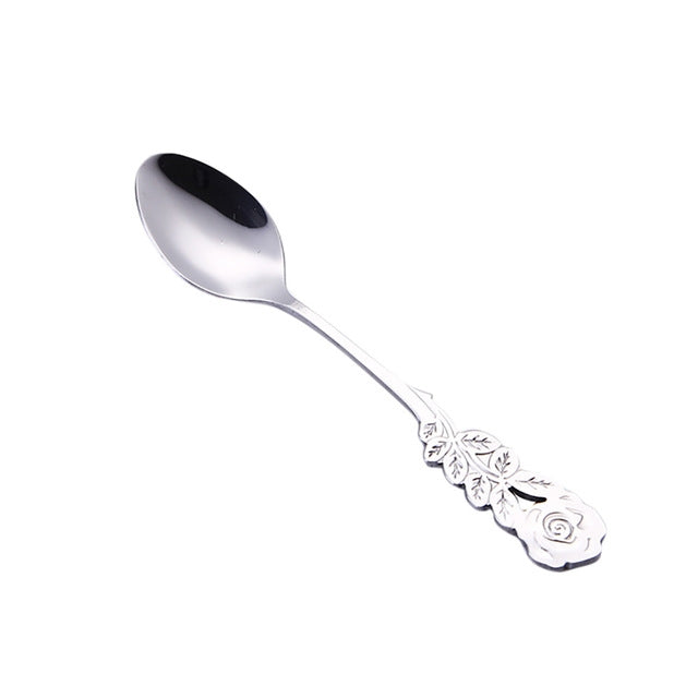 Small Mini Stainless Steel Rose Flower Coffee Spoon Strring Spoon Teaspoon Tea Spoon Dessert Spoon Long Handle Tableware(Silver) - free shipping - PMC TechLife - Order now!